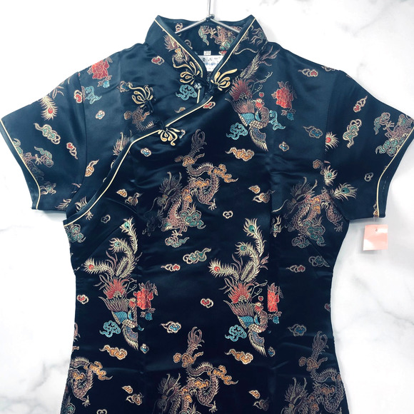 Vintage Dress Cheongsam Cocktail Black Brocade dragon gold motif sheath Lux LBD - Picture 14 of 16